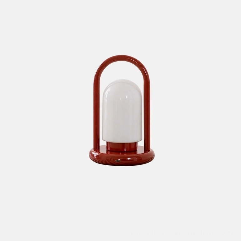 Kero cordless portable table lamp cherry red finish, complete product view with metal frame and frosted shade
