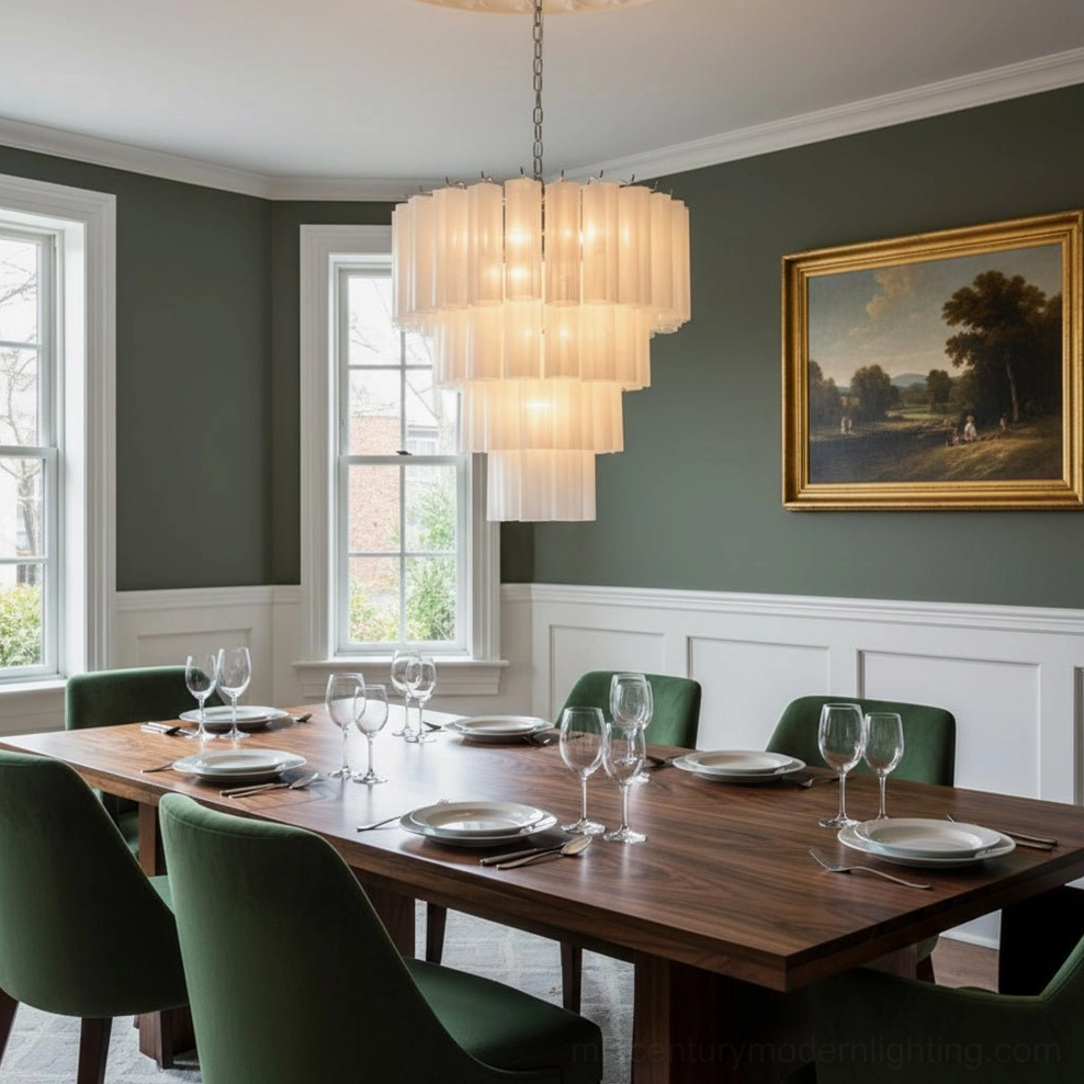 Beige frosted glass tiered chandelier formal dining room green wainscoting luxury lighting fixture