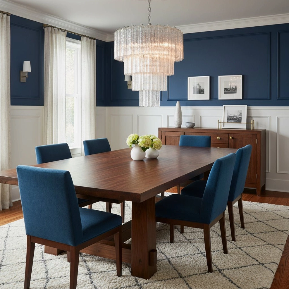 Clear crystal tiered glass tube chandelier formal dining room blue accent wall contemporary fixture