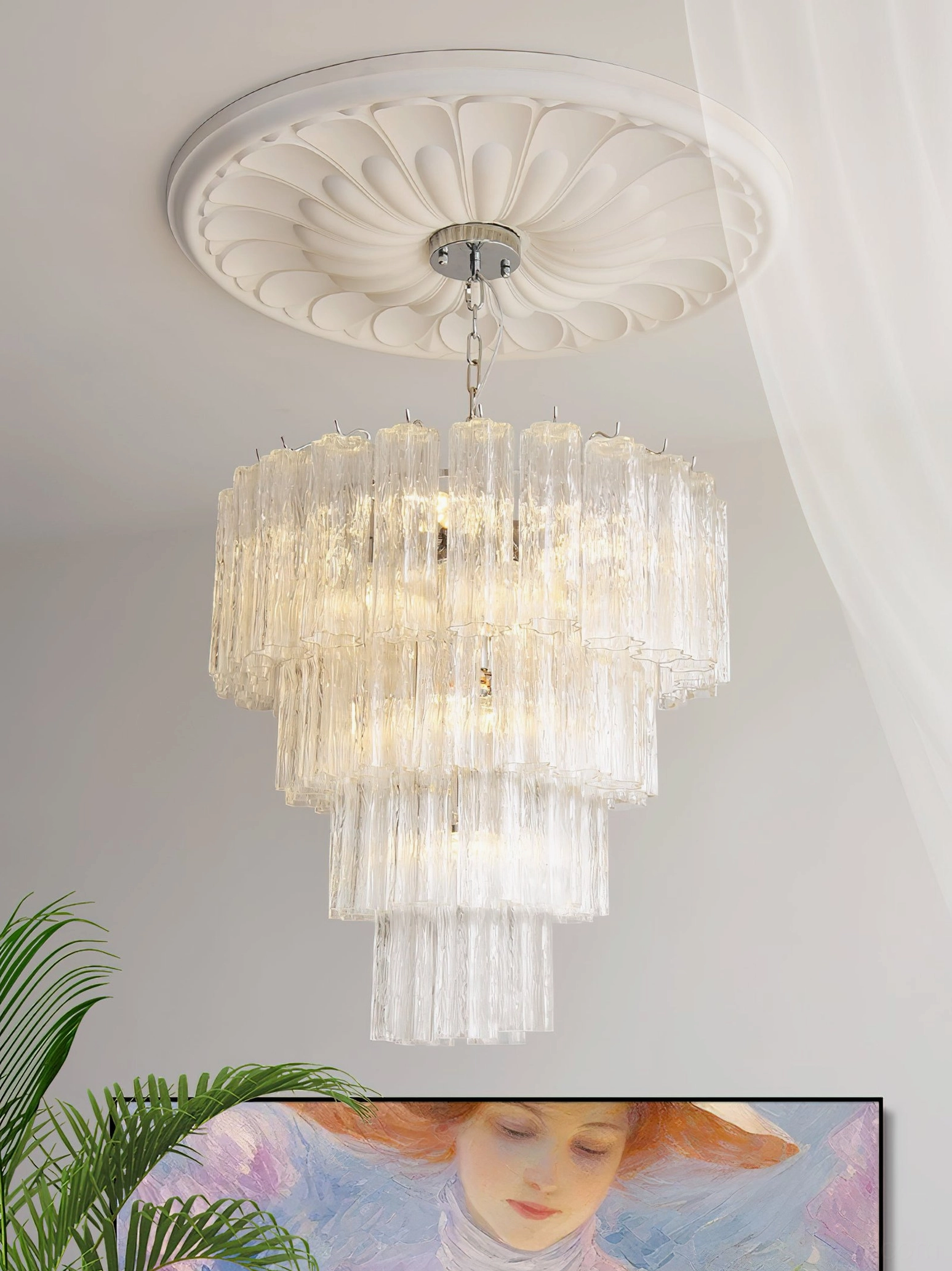 Clear crystal tiered glass tube chandelier romantic residential interior decorative ceiling medallion