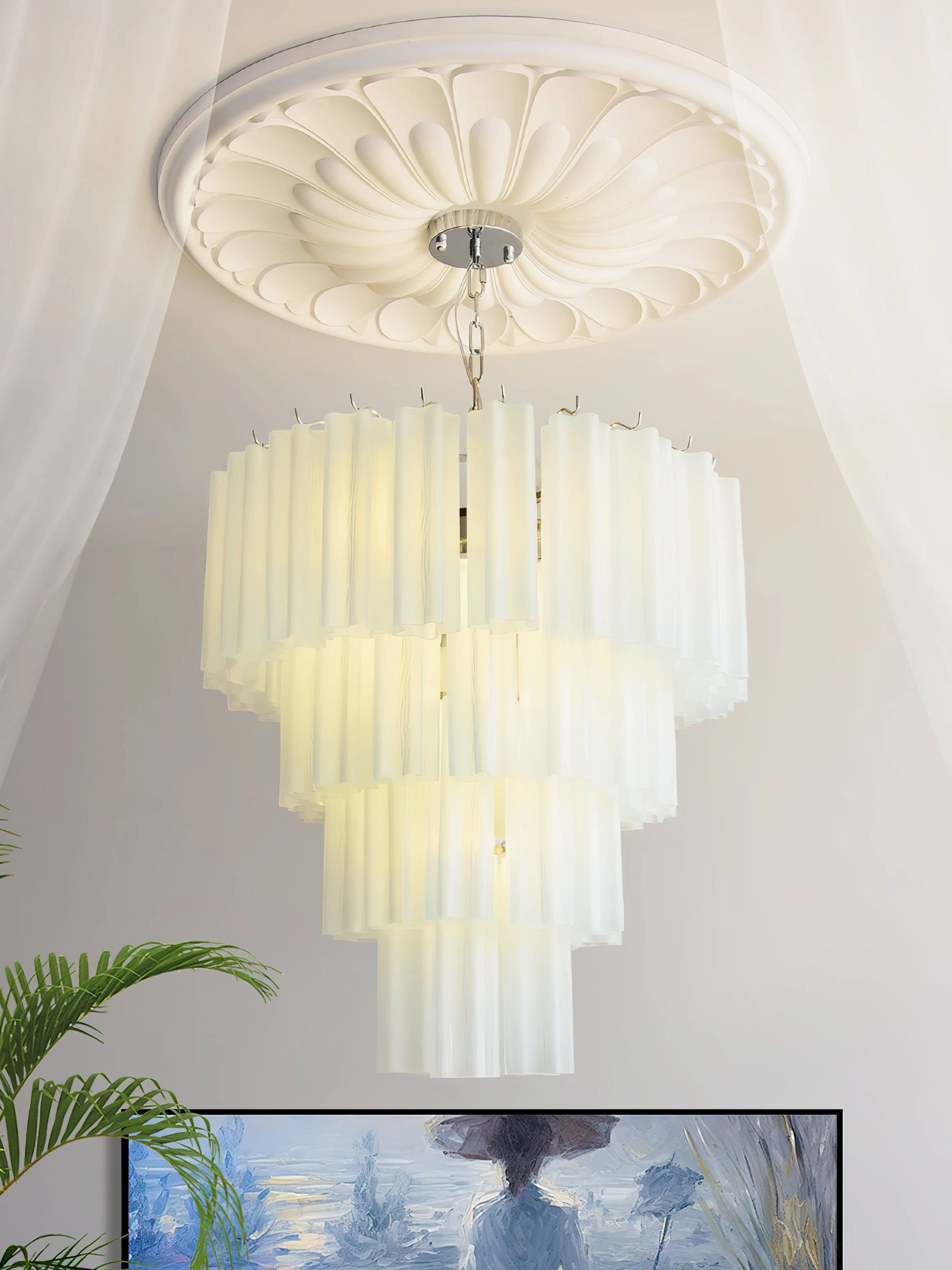 Kieran tiered glass tube chandelier detail shot geometric glass texture mid-century modern lighting