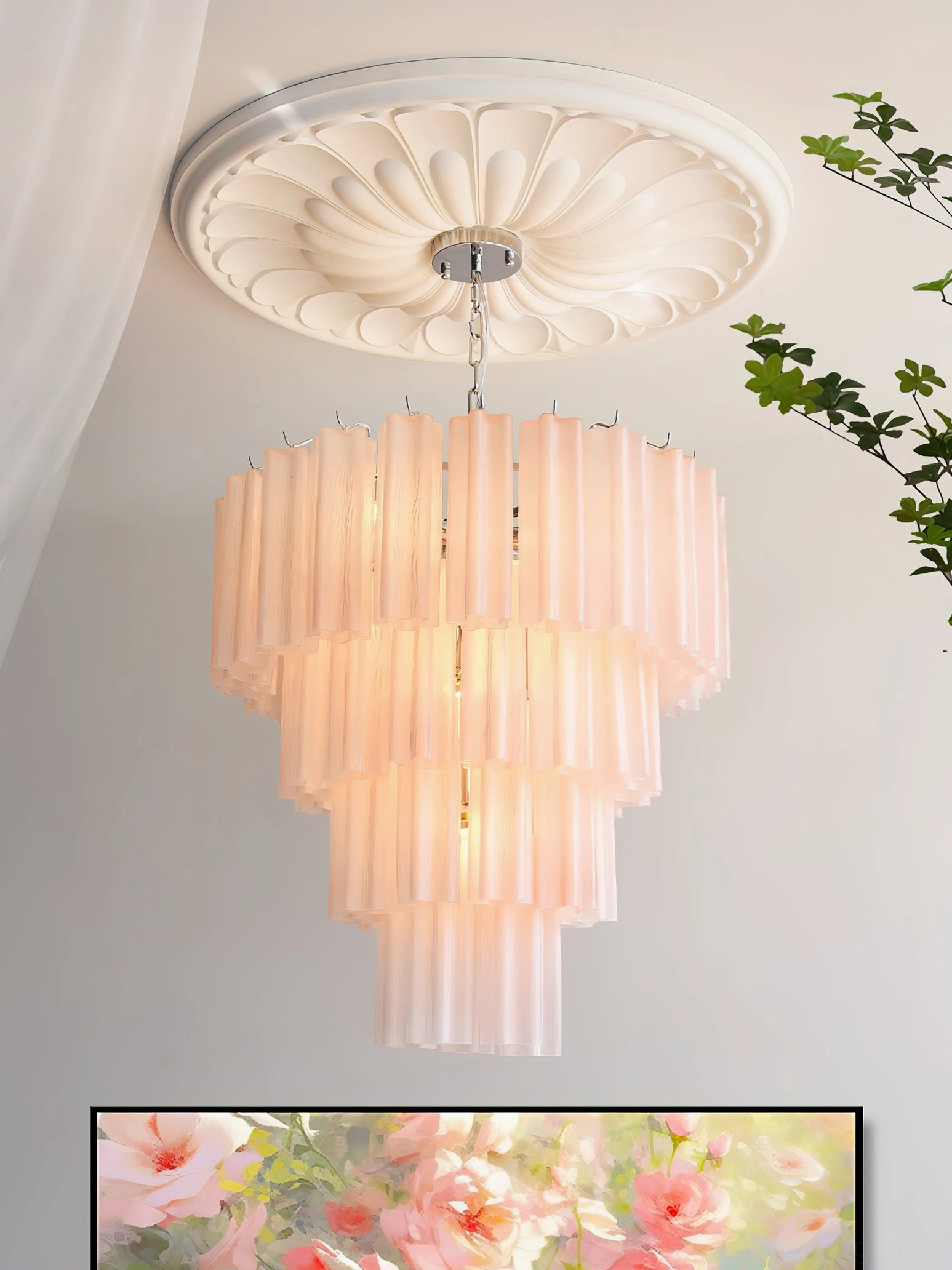 Light pink frosted tiered glass tube chandelier decorative ceiling rose bright residential space
