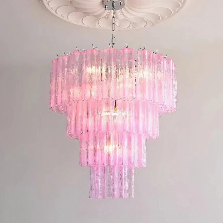 Light pink Kieran tiered glass tube chandelier four-layer design suspended lighting fixture