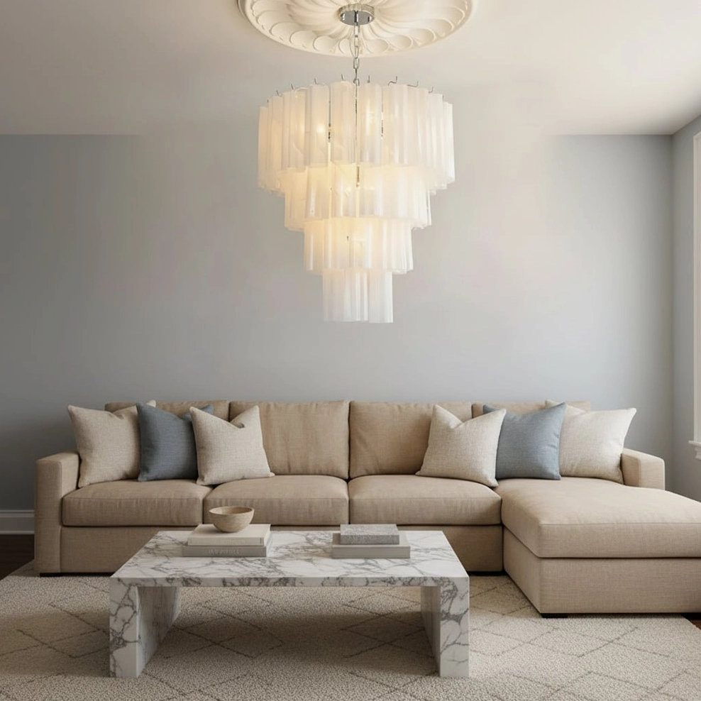 Off-white frosted tiered glass tube chandelier minimalist living room beige sectional ambient light
