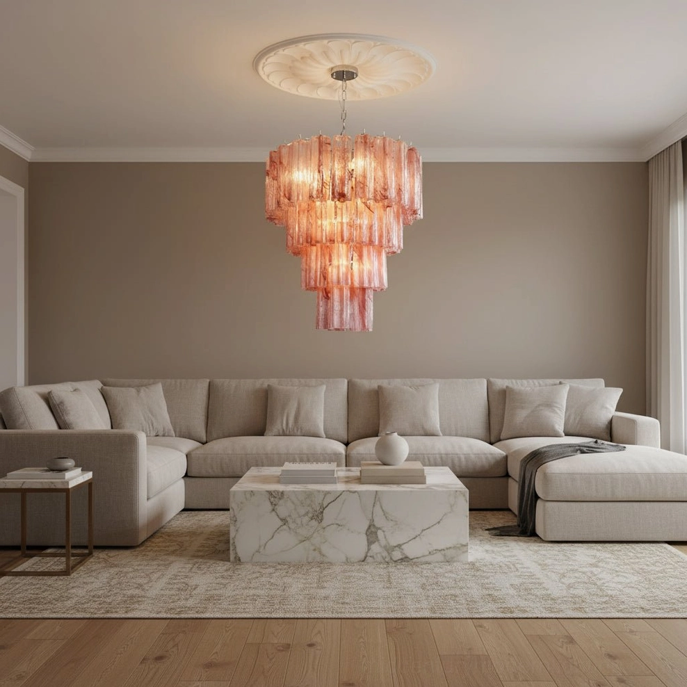 Ombre pink tiered glass tube chandelier modern living room beige sectional sofa ambient lighting