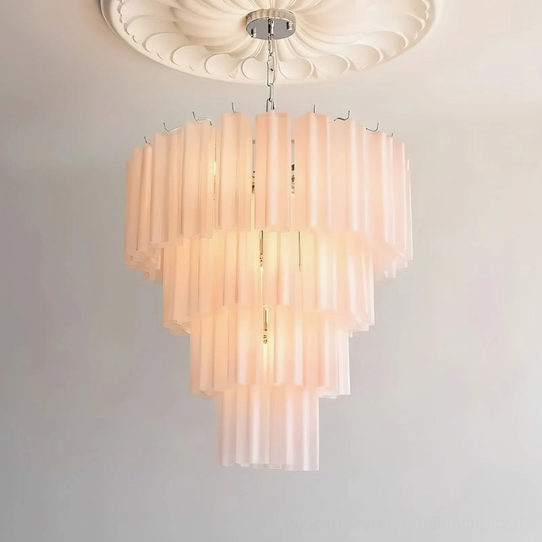 Pink tiered glass tube chandelier Kieran design four-layer elegant home lighting fixture