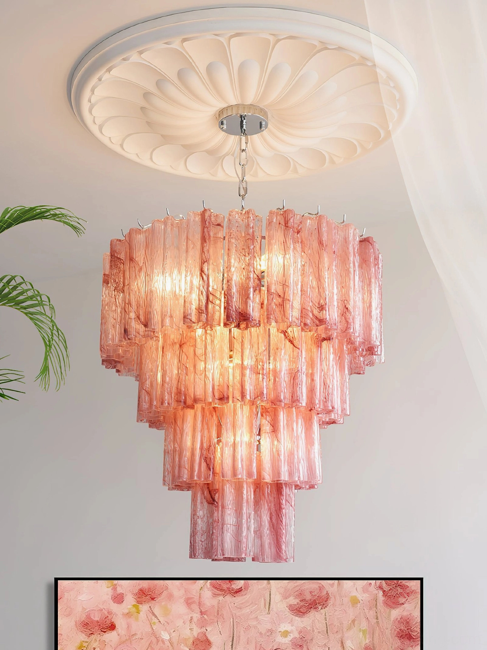 Gradient pink to red ombre tiered glass chandelier with decorative ceiling medallion artistic lighting