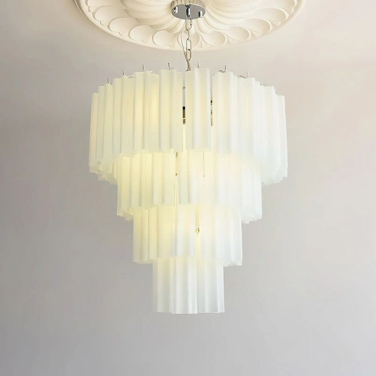 Tiffany blue tiered glass tube chandelier Kieran vintage luxury mid-century lighting design