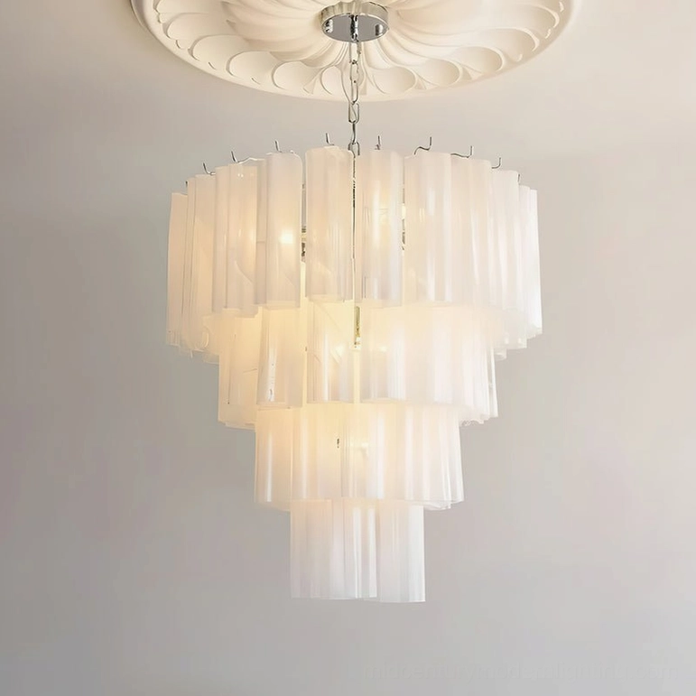 White frosted tiered glass tube chandelier Kieran scandinavian minimalist contemporary fixture