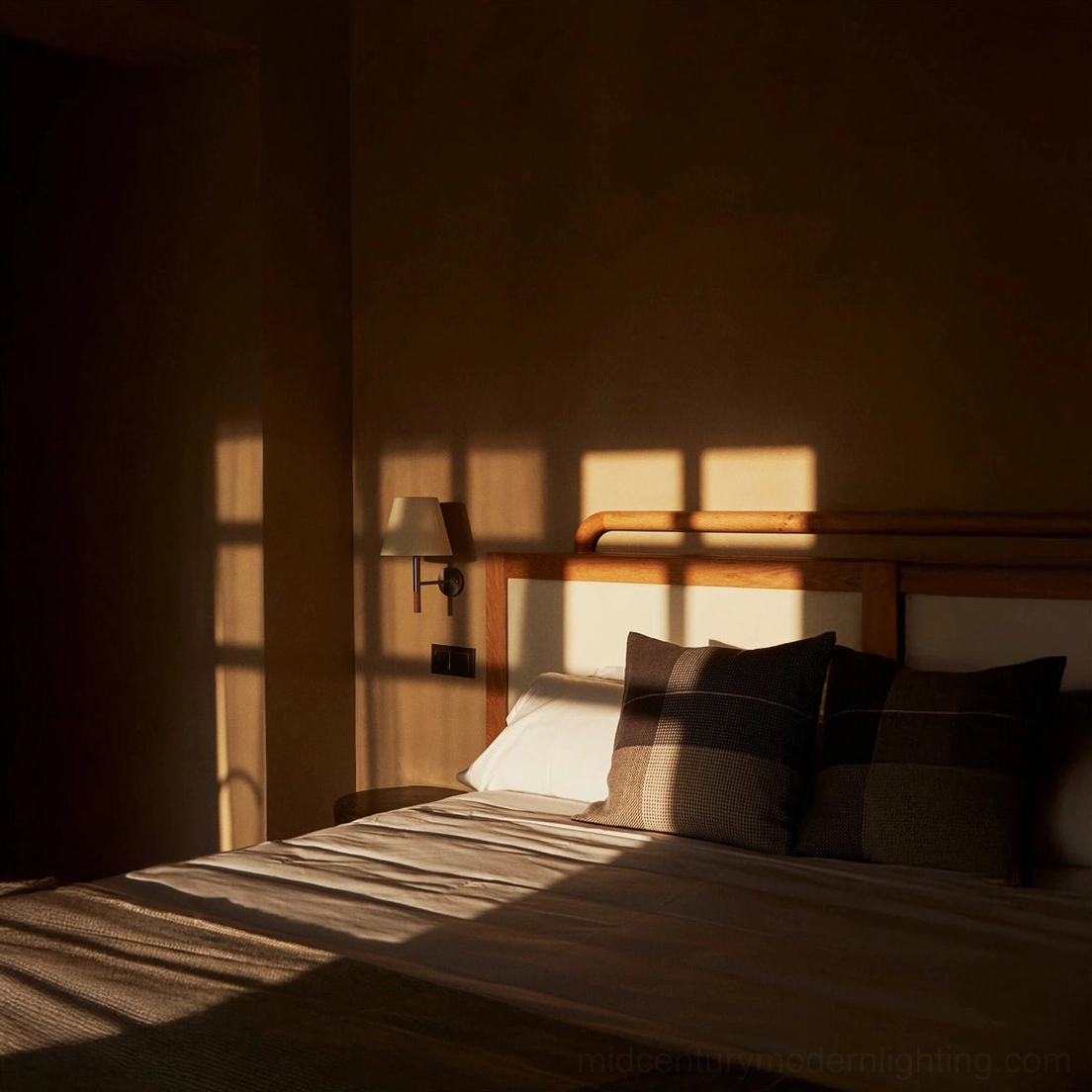 Kilkee wall lamp low angle view showing geometric light shadow cast on wall in sunlit bedroom