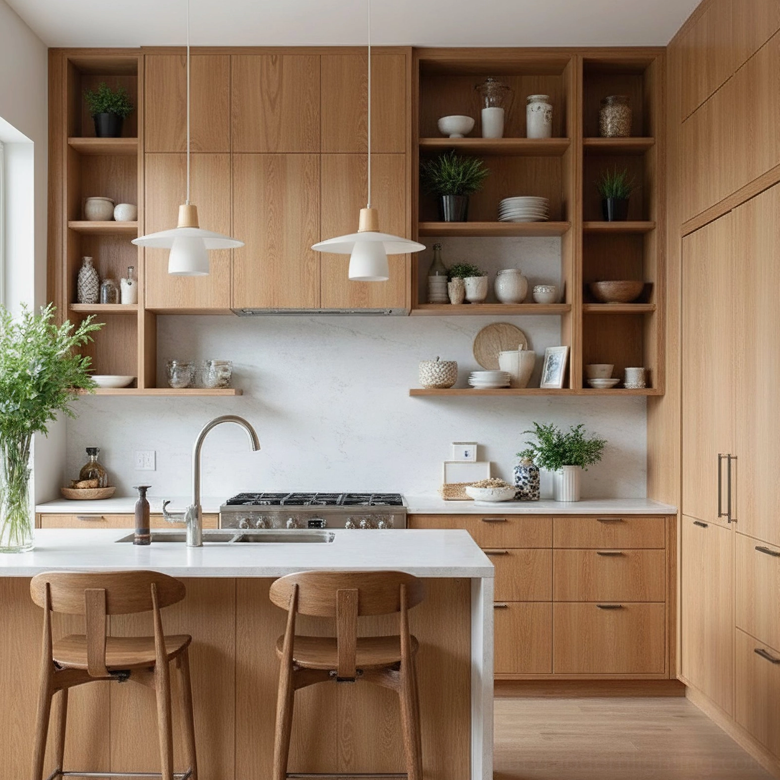 Kitchen island pendant lights in matching two-tone scandi style illuminating modern wooden kitchen