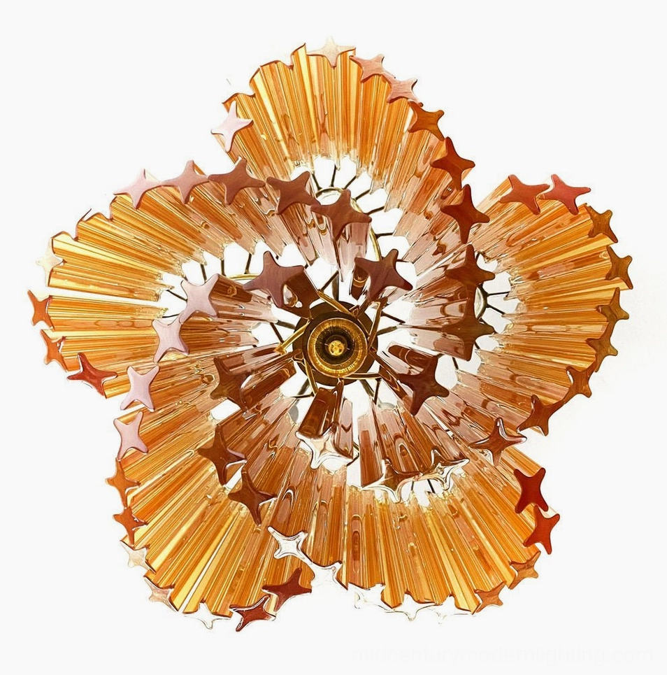 Kite amber glass chandelier underside view showing flower-shaped star glass design