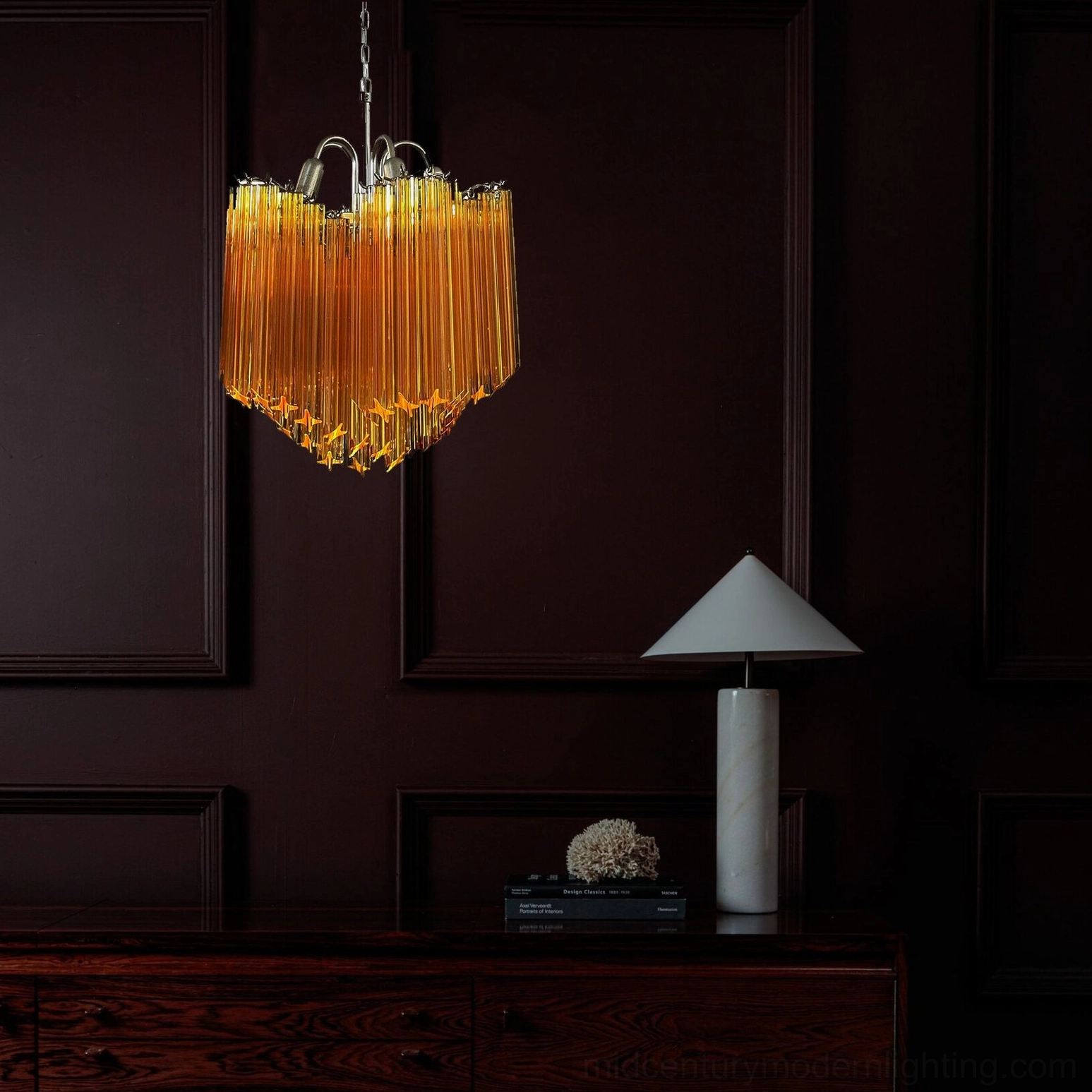 Kite mid-century modern amber chandelier in luxury dark wood paneled room