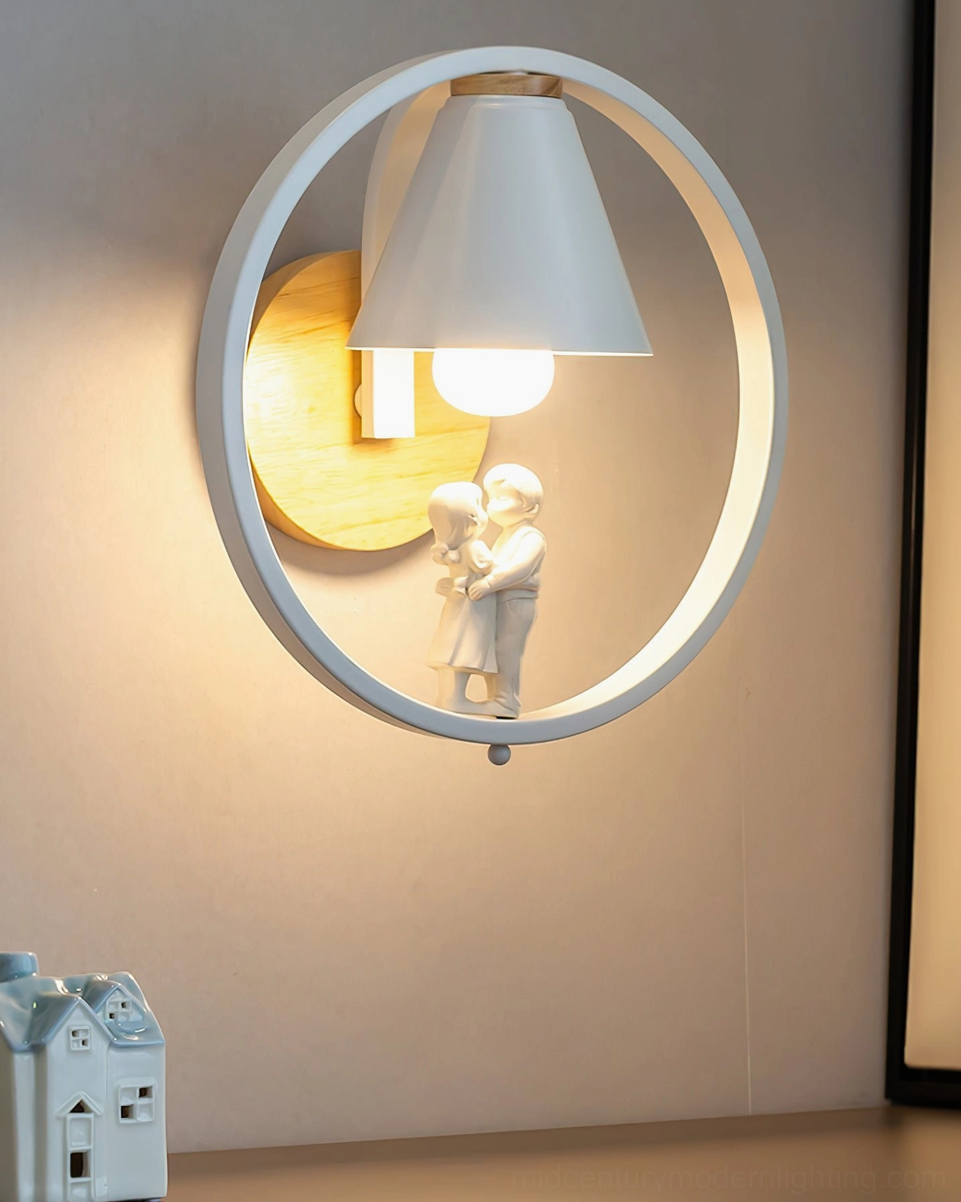 Kona Model C wall sconce in white and natural wood finish, Scandinavian minimalist accent light design
