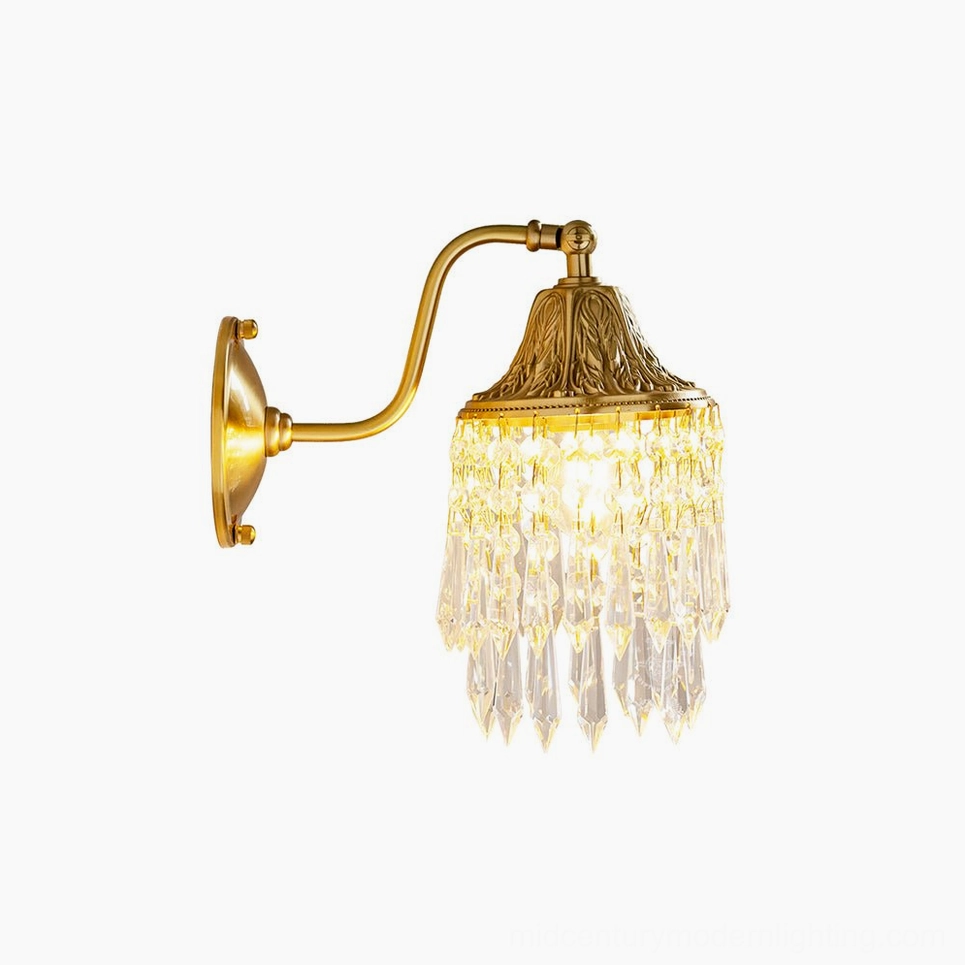 Kristall crystal wall lamp standard size showing complete fixture brass finish with hanging crystal tassel decorations
