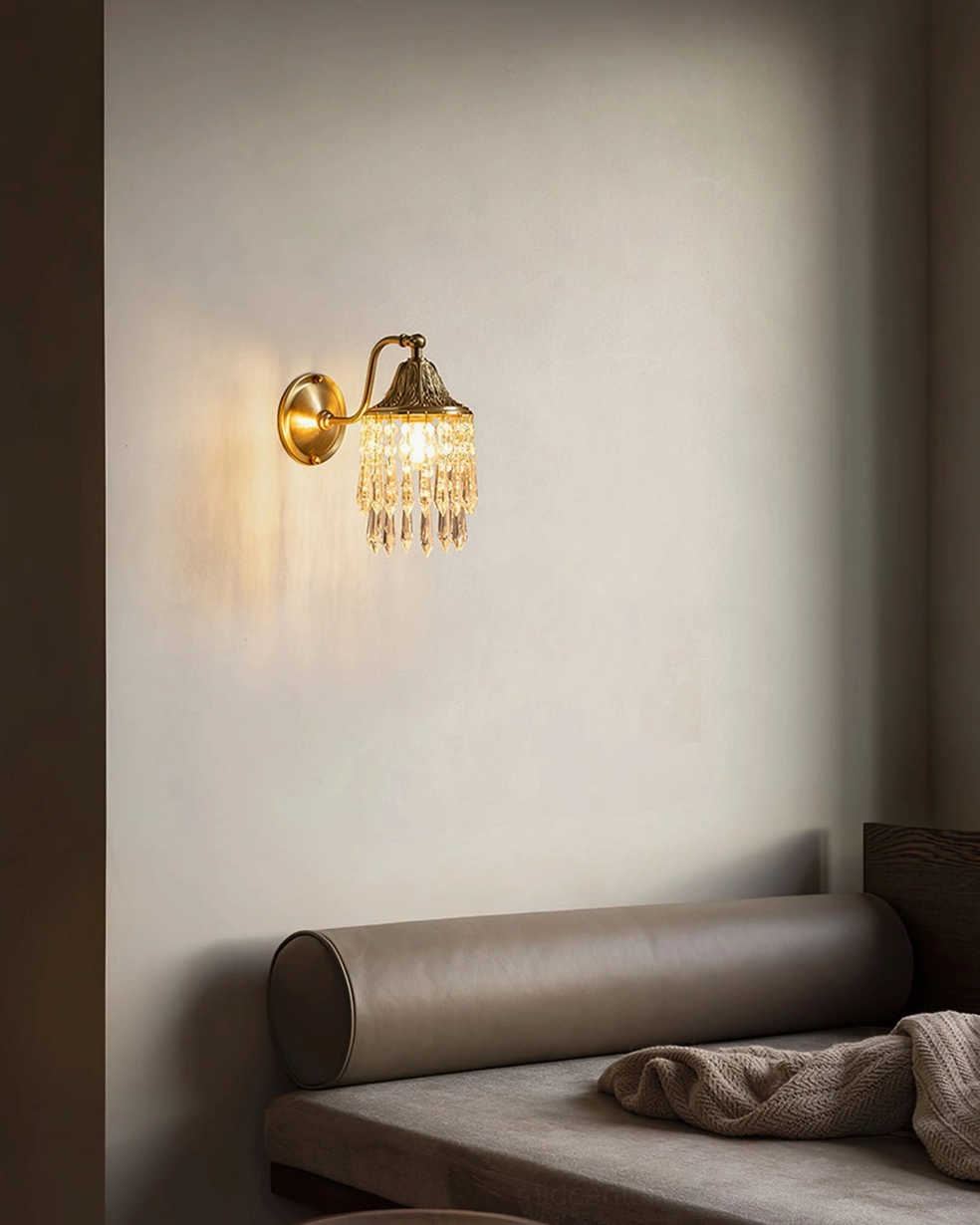 Kristall vintage crystal wall lamp in bedroom setting creating cozy atmospheric lighting above nightstand