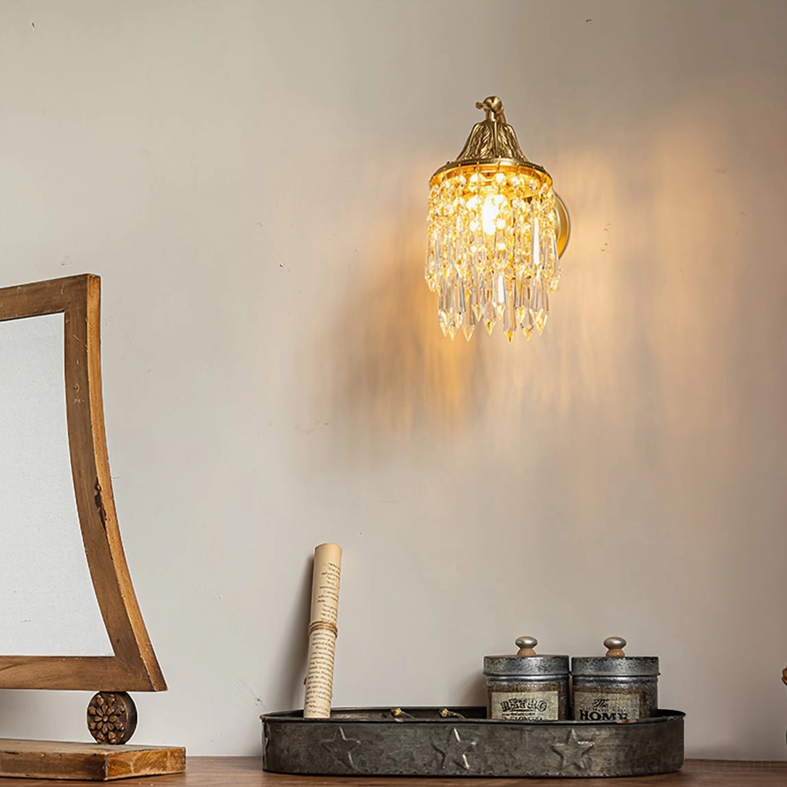 Kristall mid-century modern crystal wall lamp architectural view showing brass mounting and pendant suspension system