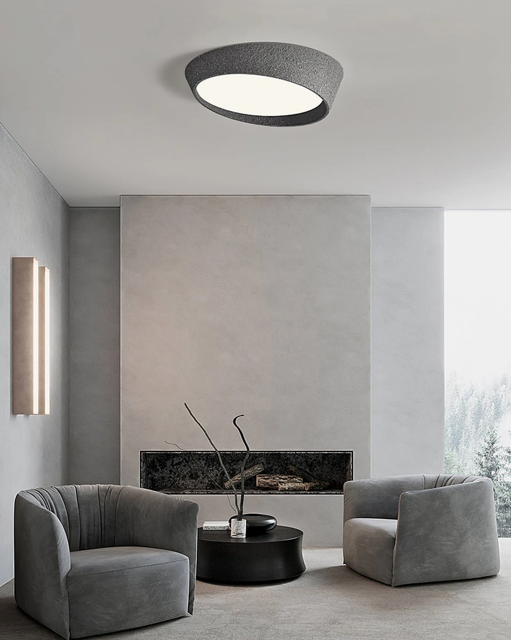 Kuzco modern textured ceiling light in minimalist wabi-sabi lounge space