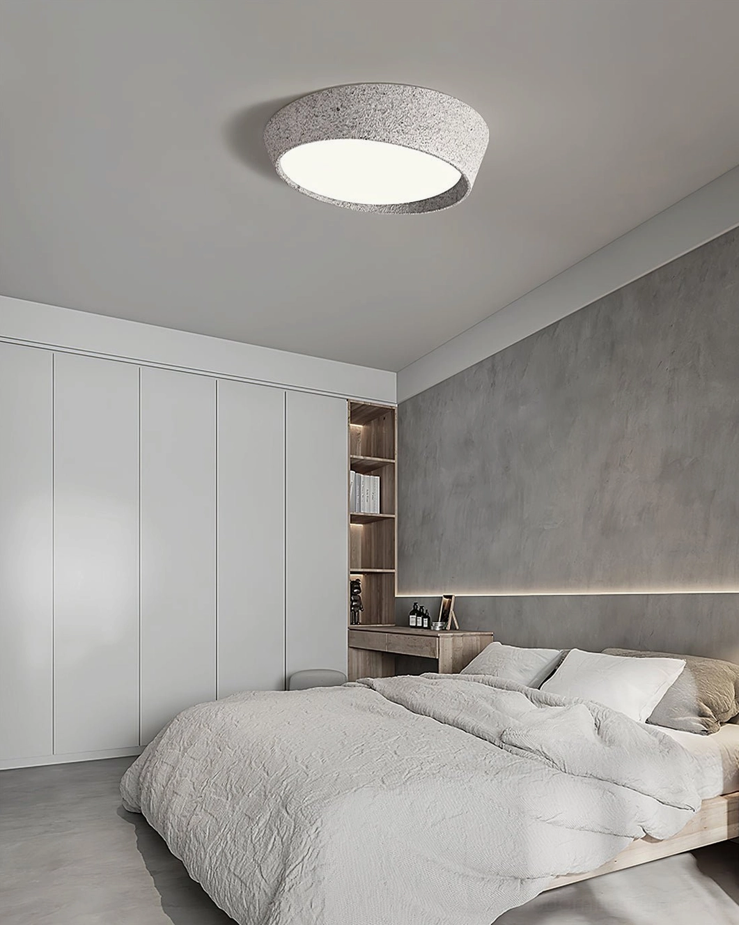 Light gray Kuzco textured ceiling lamp in contemporary master bedroom