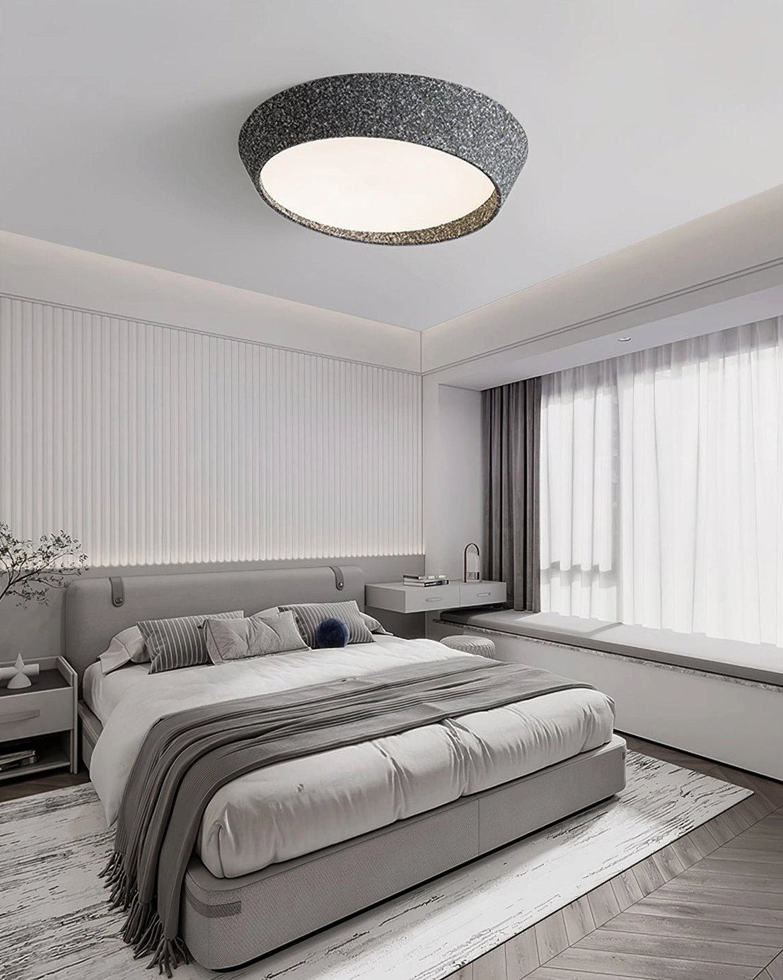 Overhead view Kuzco warm light ceiling fixture minimalist room aesthetic