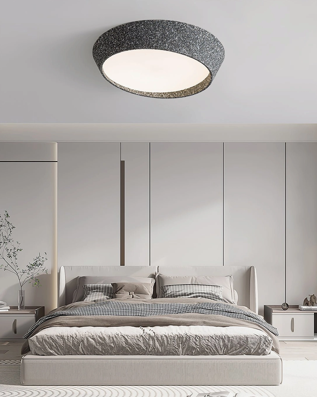 Kuzco dark gray textured ceiling lamp in modern minimalist bedroom