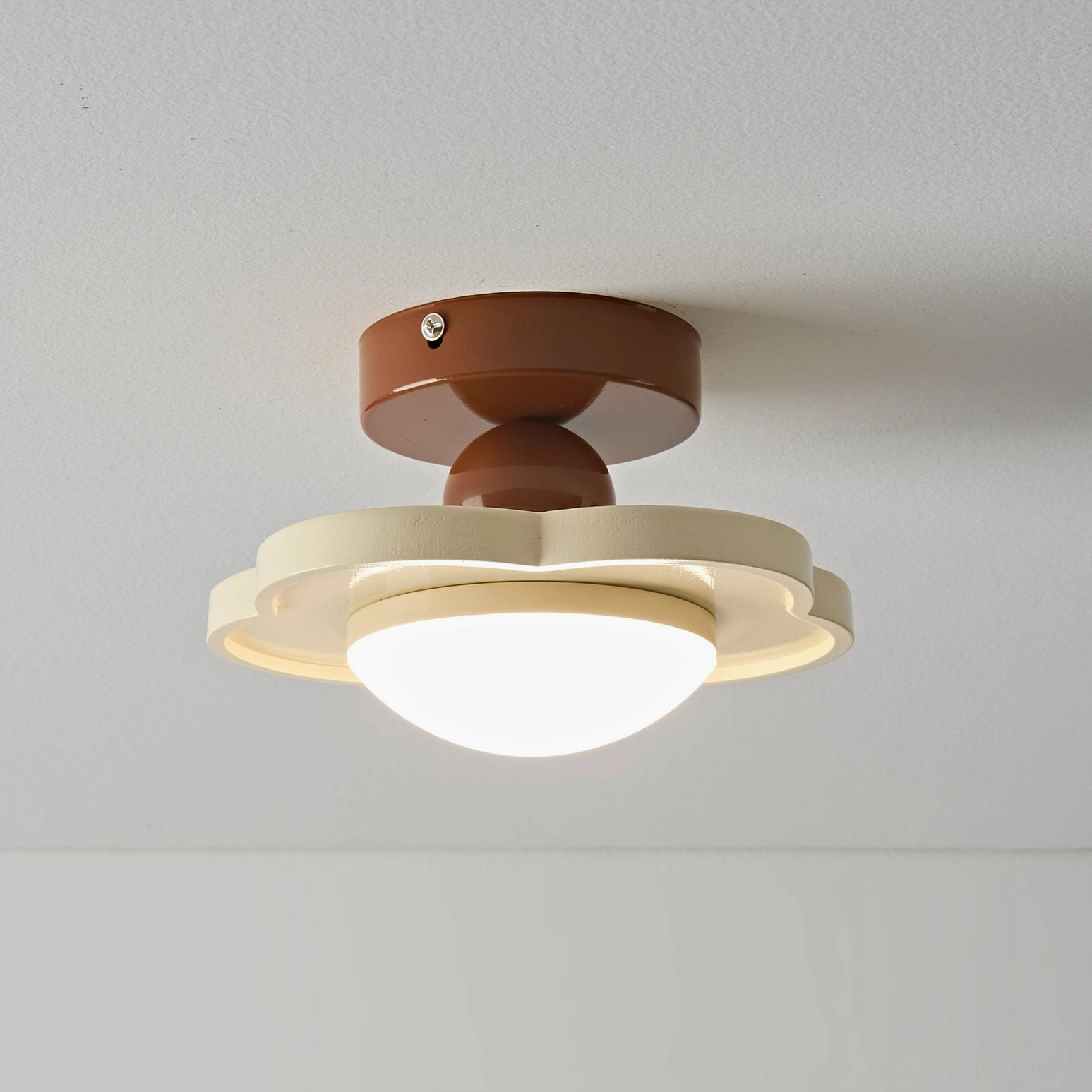 Laguna flush mount ceiling lamp in situ, cozy living room or bedroom corner with integrated LED warm light