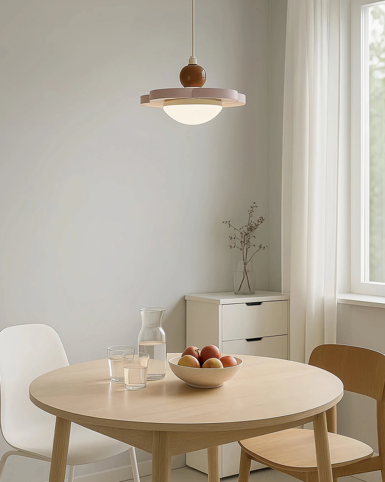 Laguna lit pendant light in Nordic dining area, minimalist table setting illumination