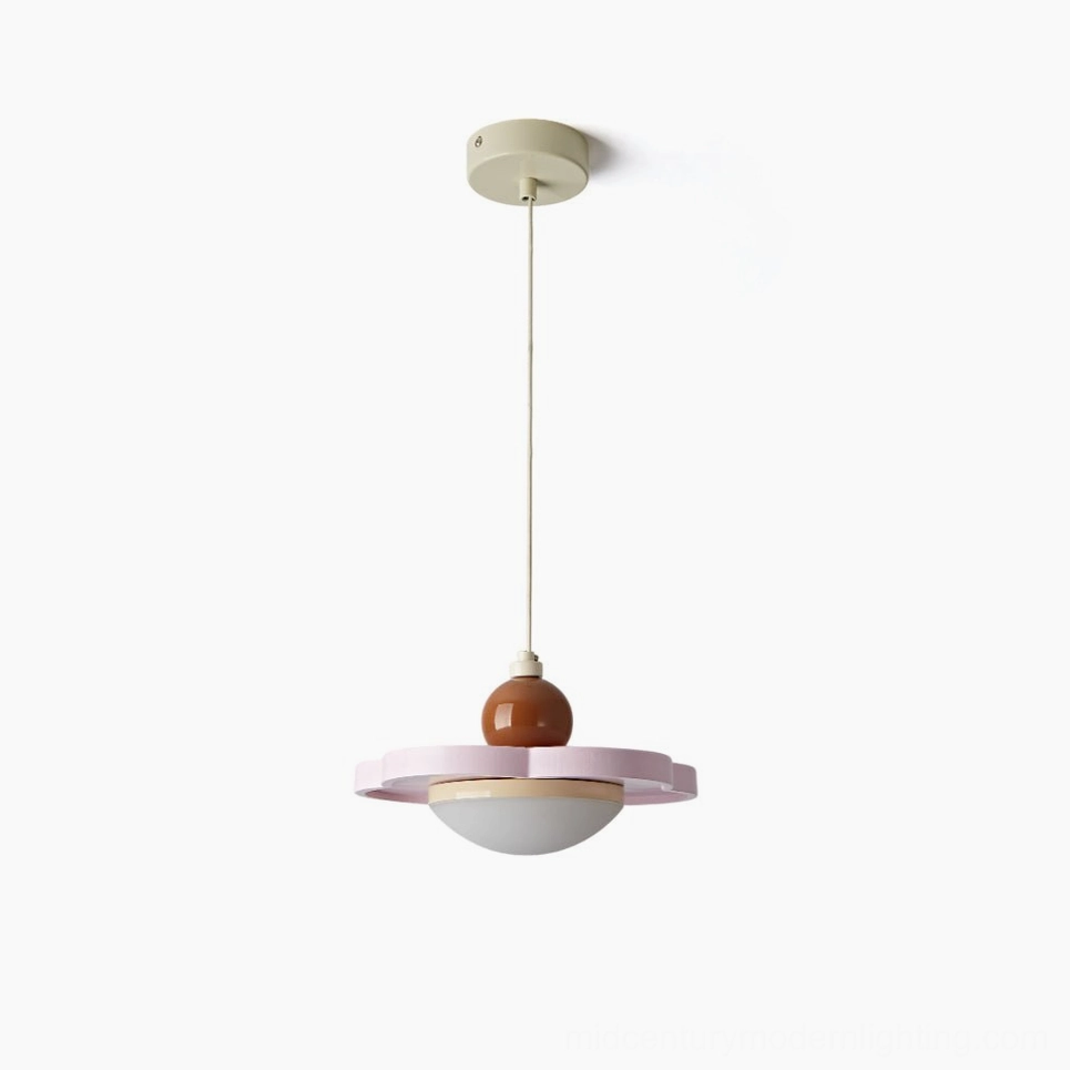 Laguna modern pendant light with soft pink trim in studio overhead view, minimalist geometric design