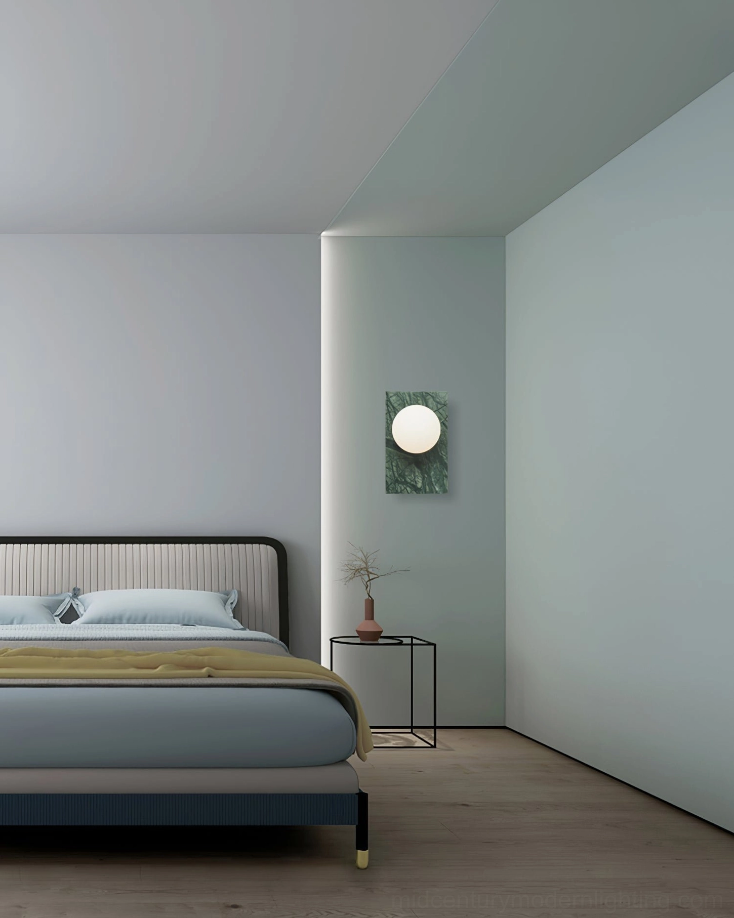 Lan brass and marble wall sconce showing clean minimalist lines and geometric glass globe shape