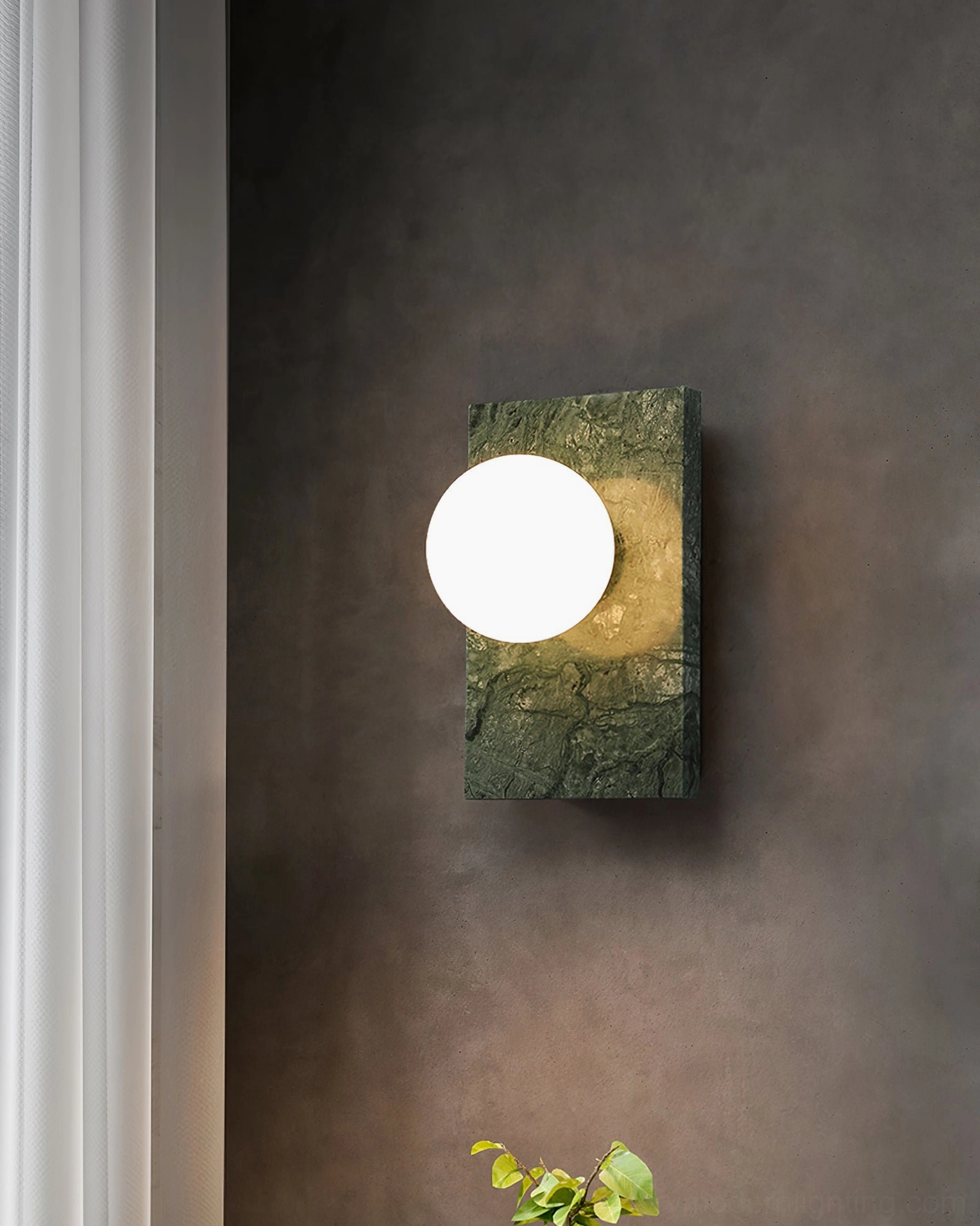 Lan wall sconce three-quarter angle against dark accent wall with decorative plant showing contemporary styling