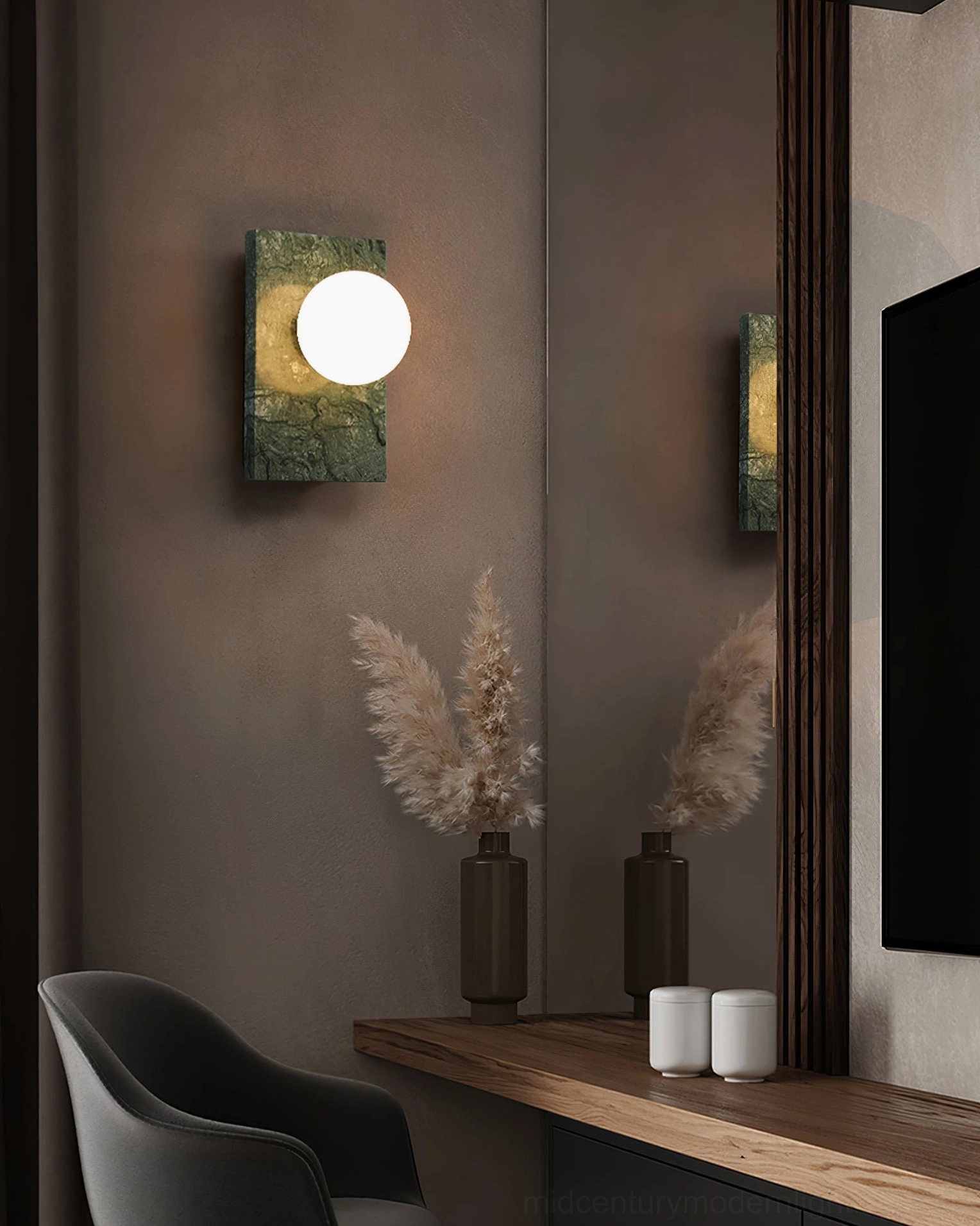 Detailed view of Lan marble wall lamp showcasing natural stone veining and premium brass hardware construction