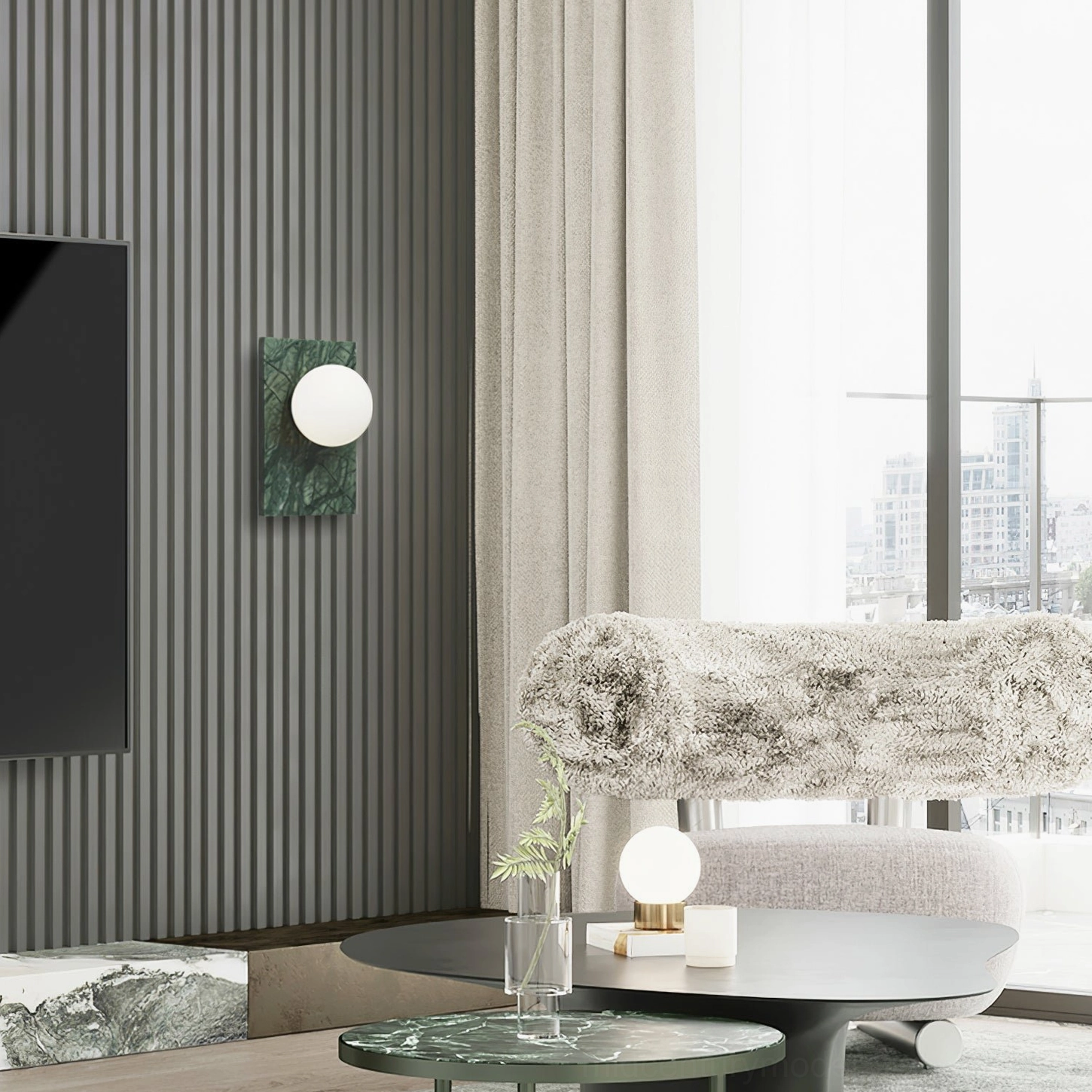 Mounted Lan wall sconce demonstrating scaled proportions and impact in residential bathroom vanity area