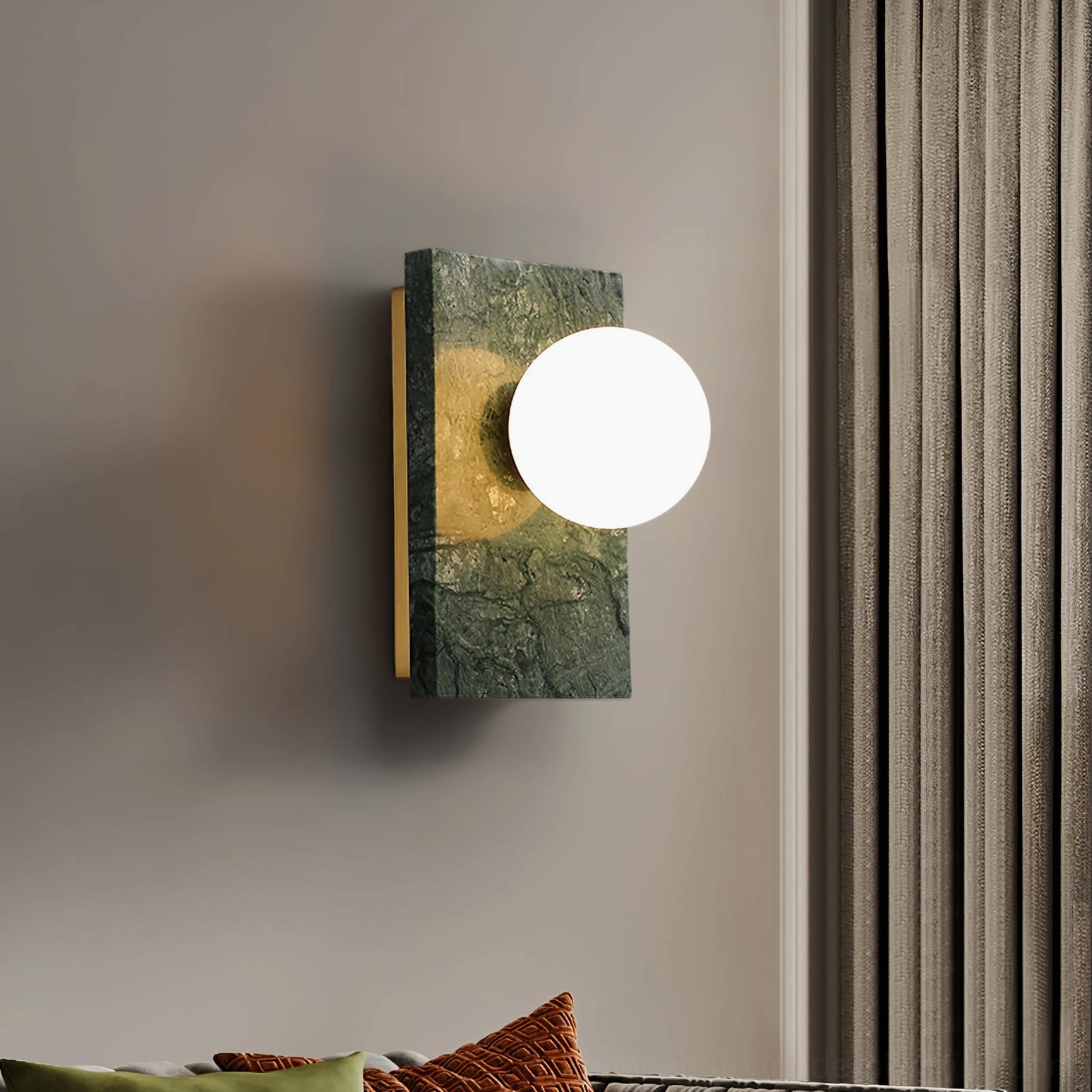 Lan wall sconce mounted in modern living room creating luxury minimalist ambiance with natural light