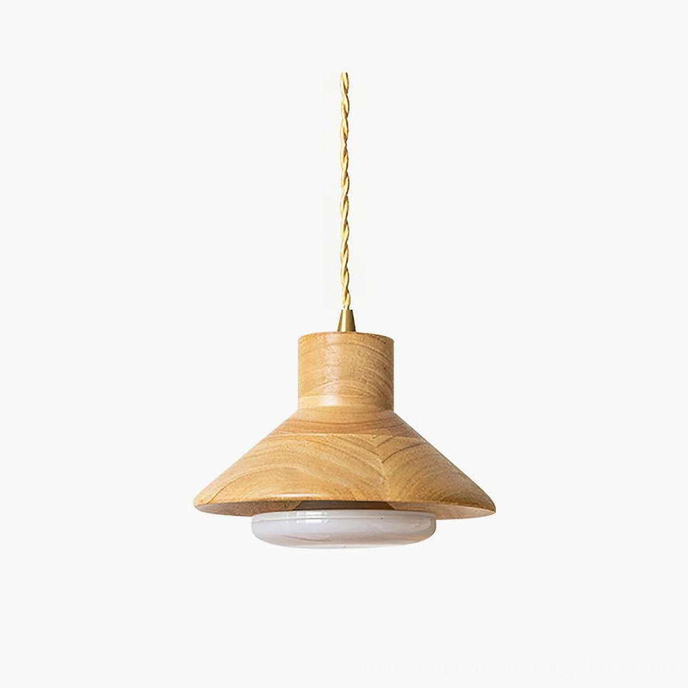 Lander wood pendant light with natural grain close-up detail, featuring twisted gold hanging cord on white background