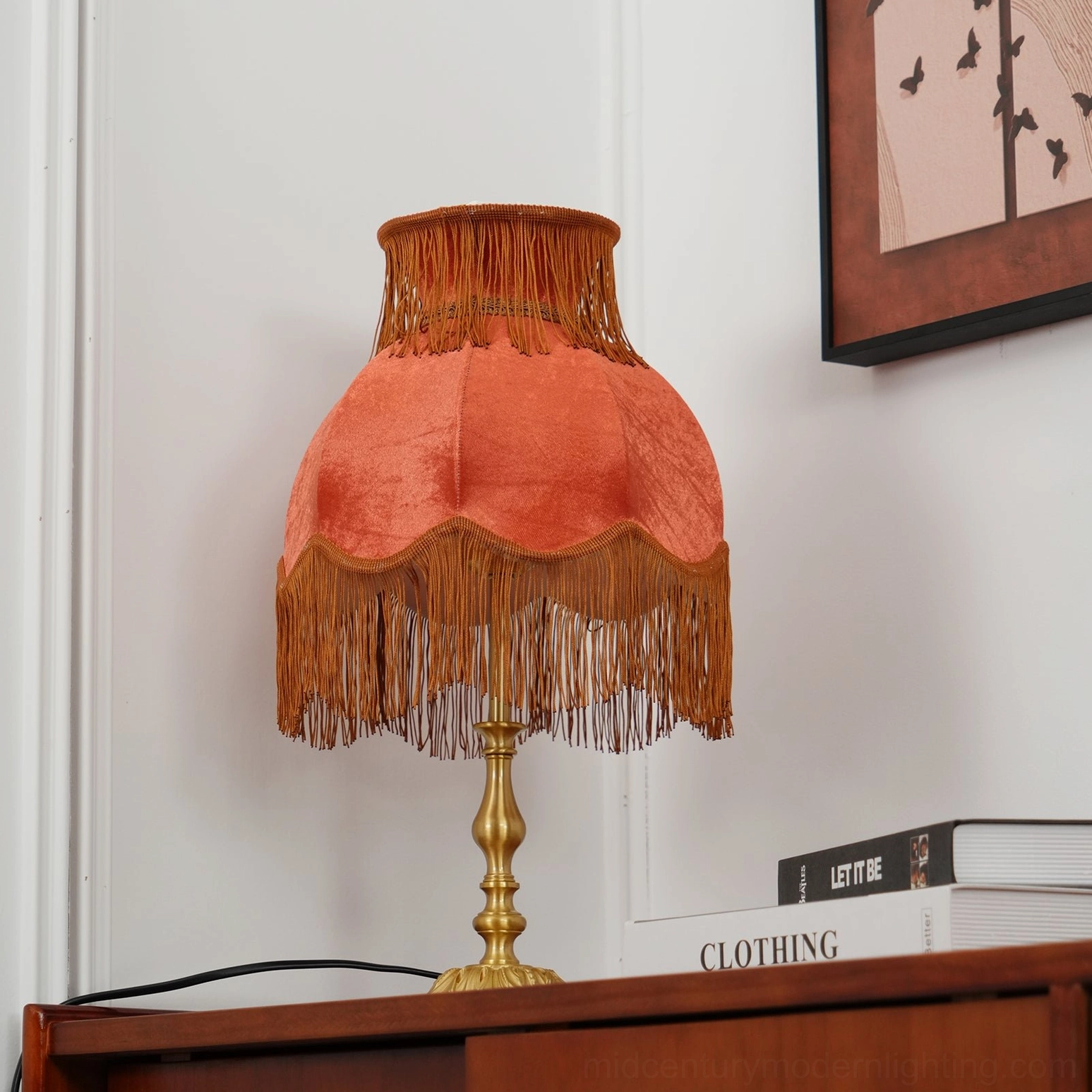 Lanna tassel lamp scalloped shade edge trim detail hand-sewn tassels ornate golden metal base close-up