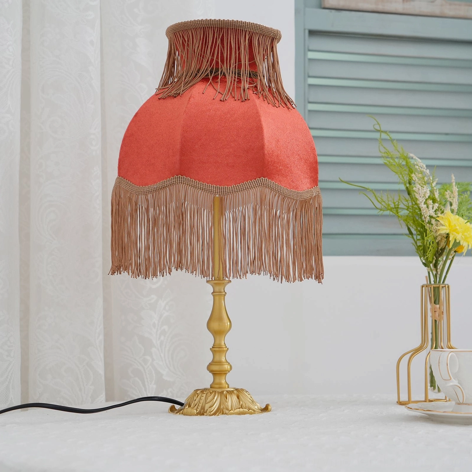 Lanna red tassel table lamp brass base burgundy fabric shade decorative interior accent piece