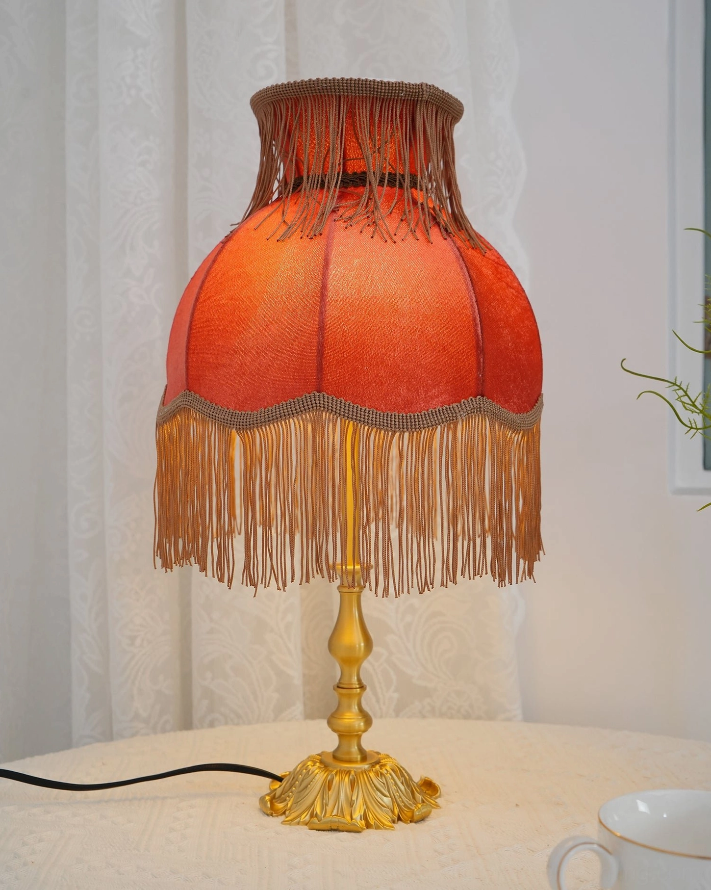 Lanna tassel lamp red fabric shade with hand-sewn tassels carved brass base vintage aesthetic