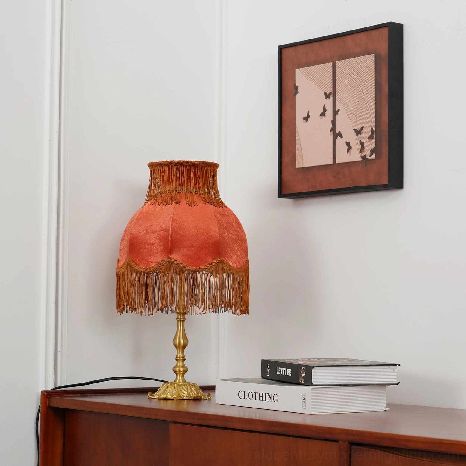 Lanna red tassel table lamp minimalist vintage home setup wooden cabinet brass base decorative styling