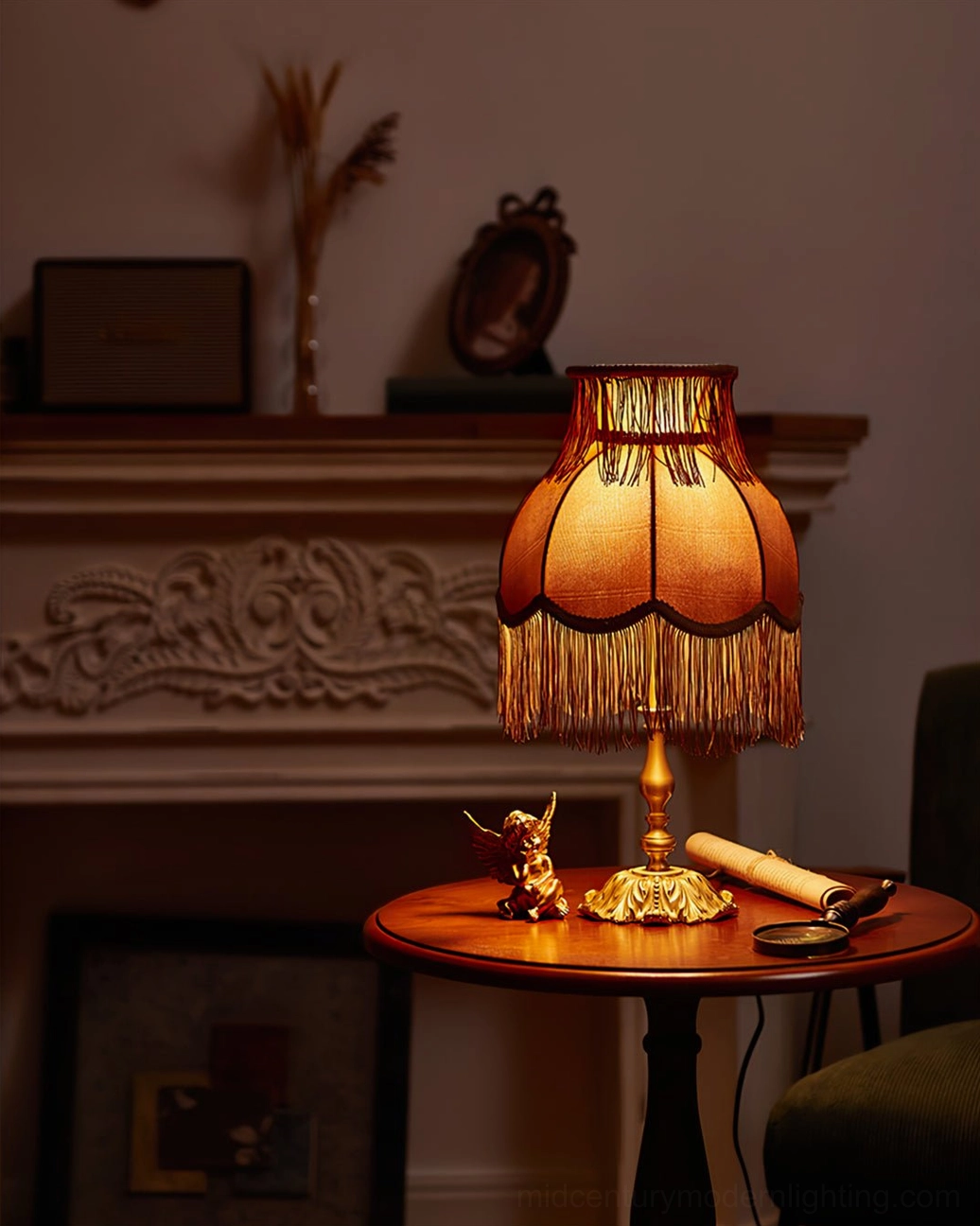 Lanna tassel table lamp side view burgundy shade brass base on wooden furniture interior styling