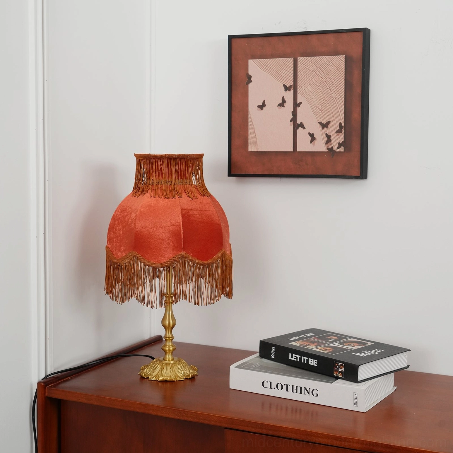 Lanna warm orange velvet tassel shade carved golden brass base classic European vintage style home