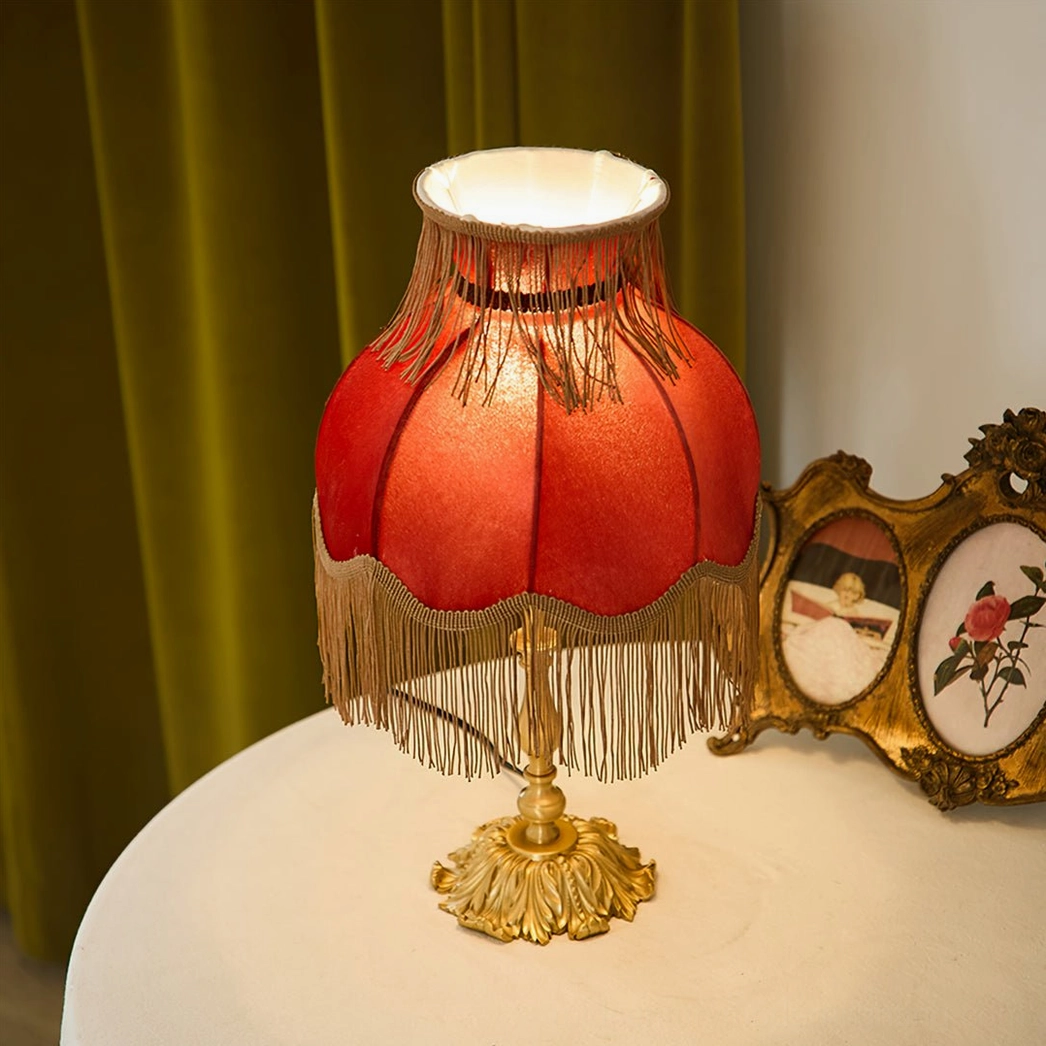 Lanna tassel table lamp complete product shot burgundy fabric shade sewn tassel details
