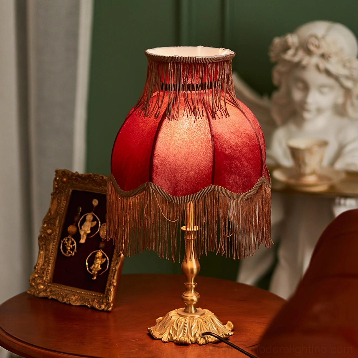 Lanna tassel table lamp side view retro interior styling dark green wall ambient lighting setup