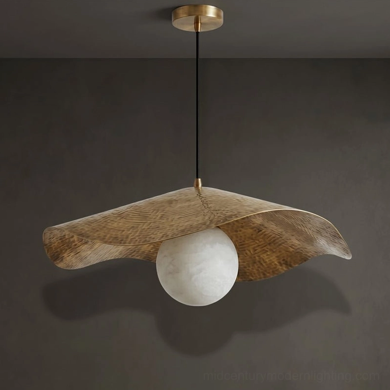 Sylvune large 31.5-inch alabaster pendant light with hand-hammered brass shade, full product view studio photography