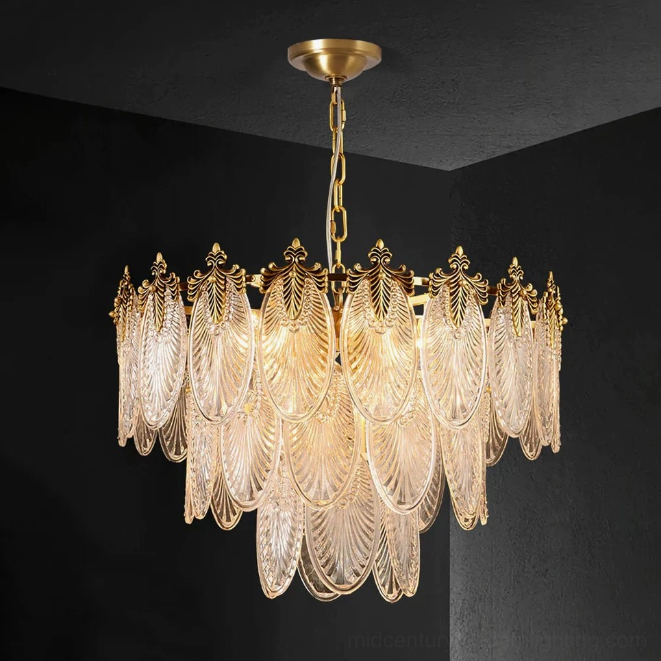Large size brass leaves chandelier (60cm diameter) with polished brass finish, optimal for standard dining rooms and living spaces