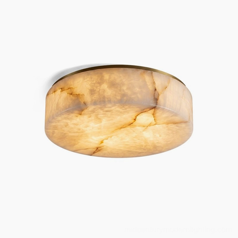 Large Carrara alabaster ceiling flush mount light (19.7 inch diameter) with warm white LED and brass base in studio