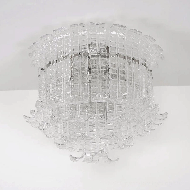 Large clear and nickel Murano ceiling lamp statement fixture, crystal glass panels, dramatic mid-century modern design