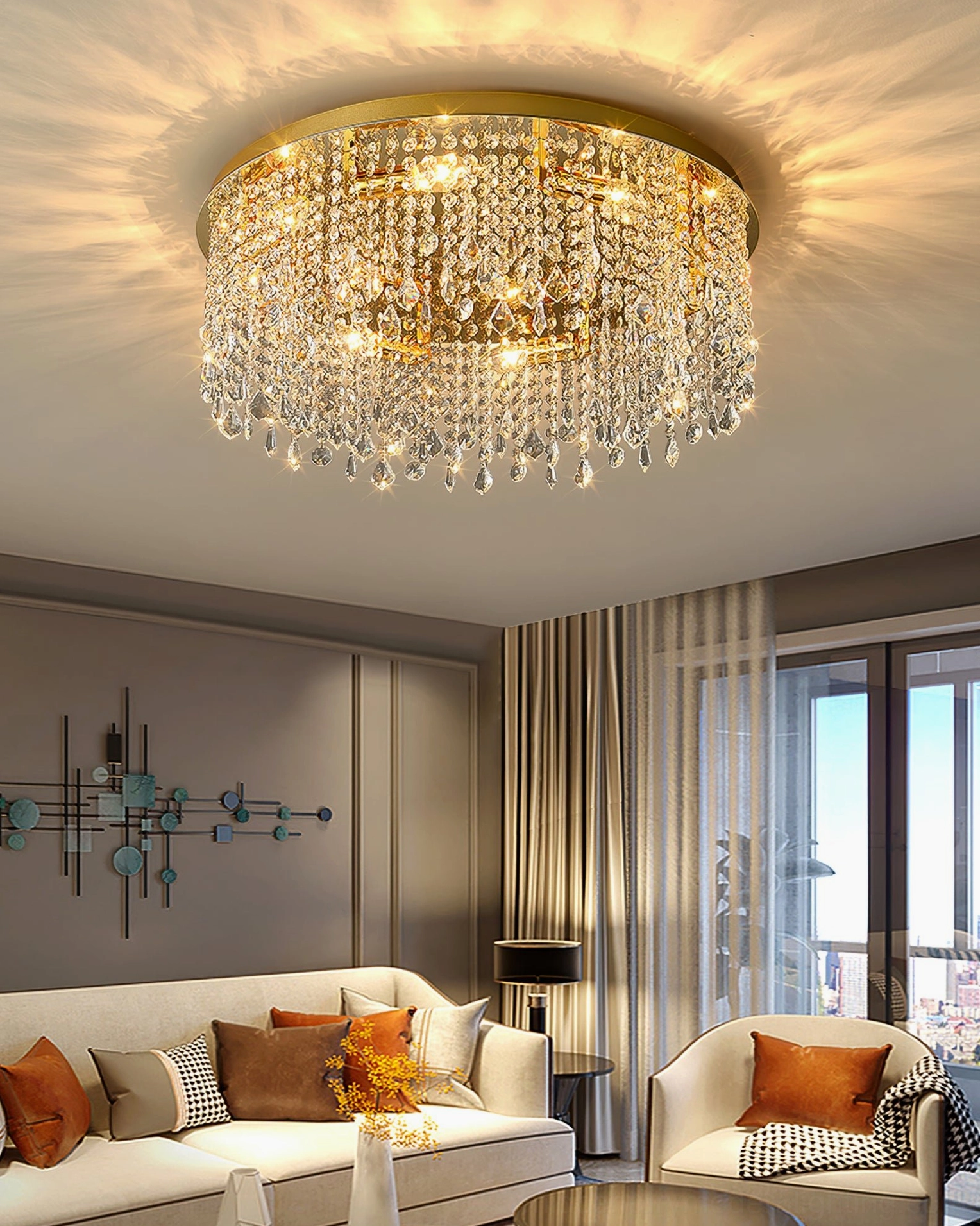 Large diameter crystal ceiling lamp installation in grand space with substantial crystal cascade and warm illumination