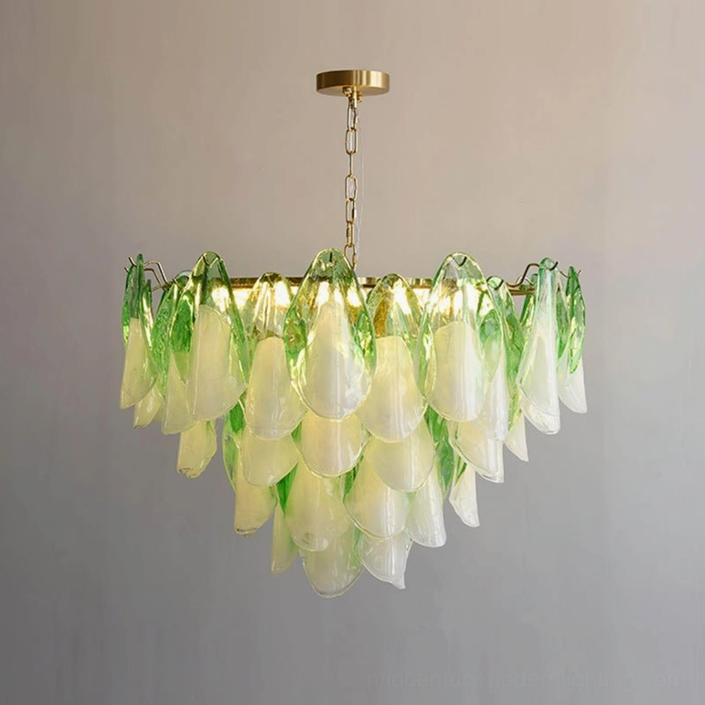 Large format green and white foliage glass chandelier size variant architectural lighting