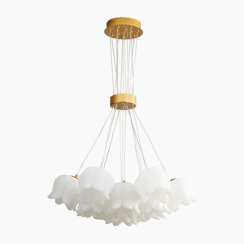 13-head lily of the valley large statement chandelier for expansive dining room with full flower arrangement visible from below