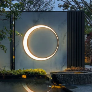 Large circular moon wall lamp luxury courtyard with warm LED glow